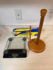 lot 286 image: Taylor Digital Kitchen Scale, Wooden Paper Towel Holder, and Kirkland Stretch-Tite Plastic Food Wrap