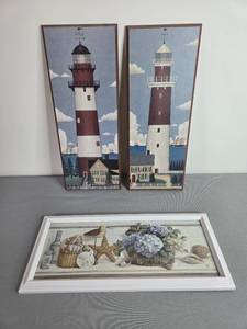 lot 293 image: Set of 3 Framed Nautical-Themed Prints Featuring Lighthouses and Coastal Still Life