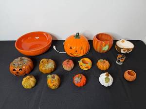 lot 308 image: Halloween Pumpkin Ceramic Decor Collection with Bowls and Candle Holders