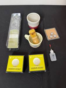 lot 312 image: Shaving Accessories Lot with Shave Soap, Brush, Mug, Razor Heads and Shower Hooks