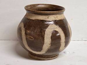 lot 314 image: Handmade Stoneware Pot with Brown Glaze and Wavy Design