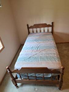lot 321 image: Ethan Allen Early American Wooden Twin Bed Frame with Headboard and Footboard and Mattress Set 39 x 80 x 43 in