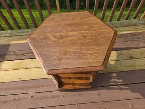 lot 329 image: Ethan Allen Formica Top Hexagon Side Table with Spindle Legs 27in W x 24in D x 20in H