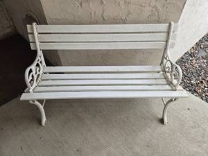 lot 348 image: White Metal and Wood Outdoor Bench, 48 Inch Wide