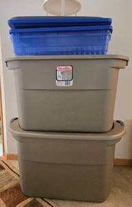 lot 350 image: Set of 2 Sterilite 39-Gallon Storage Totes with Blue Bin and White Turntable Spice Organizer