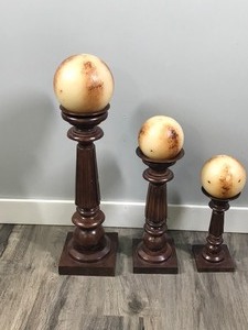 lot 237 image: 3 - Wood Candle Holders with Ball Shaped Candles on Top