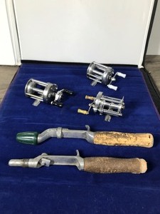 lot 241 image: 3 Vintage Fishing Reels and 2 Rod Handles - see description for more info