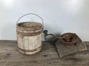 lot 271 image: Vintage Coffee Grinder and Small Wooden Barrel