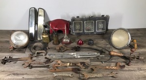 lot 278 image: Vintage Wrenches, Ford Gauge Dash, Headlights, Thumb Press Oilers and More