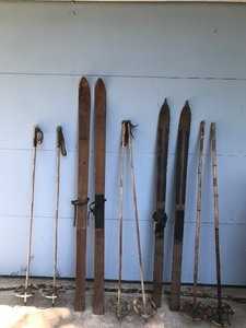 lot 285 image: Lot of 3 Vintage Ski Poles and 2 Wooden Skis