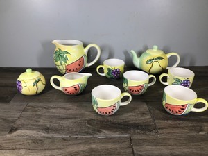 lot 291 image: Vintage Hand Painted Oversized Tea Coffee Cups (5), Sugar Bowl, Creamer, Teapot and Pitcher with Fruit Designs on the Outside