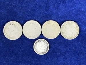 lot 300 image: 4 Liberty V Nickels and 1 Barber Dime - See description for more info