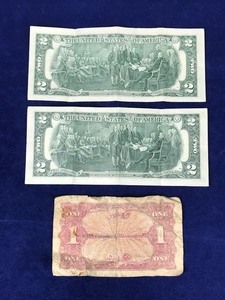 lot 305 image: 2 - 2 Dollar Bills & 1 Series 641 One Dollar United States Military Payment Certificate - See description for more info