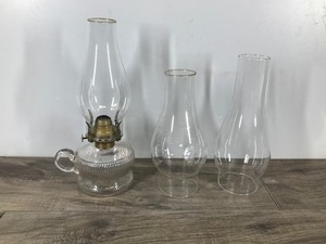 lot 317 image: Antique Oil Lamp Ribbed Glass Finger Lamp with 2 Extra Globes - SCOVILL MFG Co.