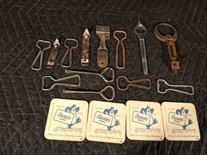 lot 50 image: Hamms coasters, Grainbelt, Anheuser Busch and Coca-Cola bottle openers, Ace & United Hardware paint can openers and more