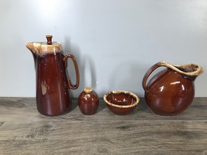 lot 348 image: Vintage Hull Brown Drip Glaze Pottery Dishware - Coffee Pitcher - Bowl - Salt Shaker - Pitcher