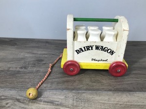 lot 378 image: vintage playskool Dairy Wagon- vintage wood pull toy- 6 milk bottles- 19501960