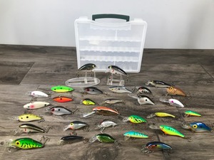 lot 385 image: Lot of 31 Fishing Lures and Plastic Bait Box Tackle Box - see description for more info