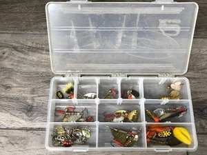 lot 412 image: Plastic Plano Tackle Box Full of Meps Spinners and More