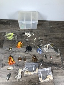 lot 187 image: Lot of 14 Spinner Fishing Lures and Plastic Plano Tackle Box