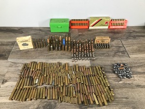 lot 180 image: Lot of Live Rounds, Spent Rounds, Lead and Copper Bullets, Ammo Box and Vintage Ammo Boxes