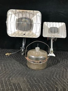 lot 87 image: 2 - Coleman Propane Heaters & 1 Vintage Kerosene Glass Jar