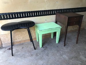 lot 13 image: 3 - Pieces of Solid Wood Furniture - Night Stand with 2 Drawers - Fold Up Table - Small Stool with Inside Compartment