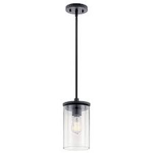 lot 25 image: KICHLER Crosby 1-Light Black Contemporary Shaded Kitchen Mini Pendant Hanging Light with Clear Glass  Customer Returns See Pictures