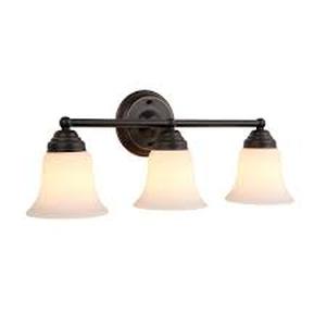 lot 27 image: Hampton Bay Ashhurst 32.75 in. 4-Light Oil-Rubbed Bronze Bathroom Vanity Light with Frosted Glass Shades     Customer Returns See Pictures