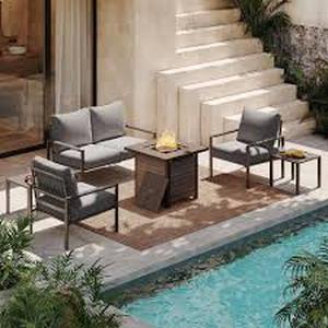 lot 30 image: AURA OUTDOOR 6-Piece Metal Fire Pit Patio Conversation Set Outdoor Furniture Set with 28 in. Square Propane Fire Pit Table, Beige     Customer Returns See Pictures