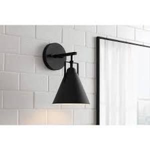 lot 51 image: Lot of Home Decorators Collection Insdale 1-Light Matte Black Modern Industrial Bathroom Vanity Light with Black Metal Shade  Customer Returns See Pictures