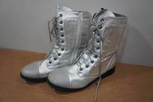 lot 157 image: Gia-Mia Silver Sequin Combat Boots - Size 10