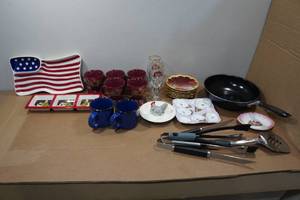 lot 236 image: Assorted Kitchenware - Mugs, Utensils, Pan, Serving Trays