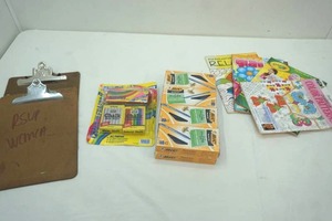 lot 172 image: Coloring Books, Chalk & Eraser, Bic Pens, Clip Boards