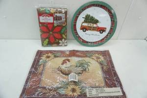 lot 219 image: Woven Rooster Placemats NEW, Christmas Tablecloth & Tray