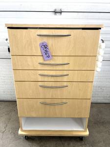 lot 5 image: MSRP $1600 Clinton Industries Mobile Sliding Top 3 Drawer Medical Treatment & Supply Cart With Locking Wheels - Like New Condition