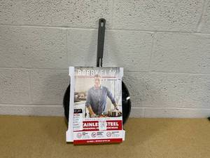 lot 304 image: GreenPan x Bobby Flay Stainless Steel 12 Frying Pan Skillet & Glass Lid