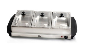 lot 345 image: Elite Gourmet 7.5 Quart Triple Buffet Server Food Warmer Temperature Control, Clear Slotted Lids