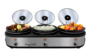 lot 475 image: MegaChef Brushed Silver & Black Finish Triple 2.5qt. Slow Cooker & Buffet Server With 3 Ceramic Cooking Pots & Removable Lid Rests
