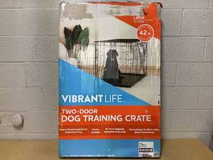 lot 452 image: Vibrant Life Double-Door Folding Metal Wire Dog Crate, Divider and Leak-Proof Tray