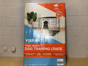 lot 488 image: Vibrant Life Double-Door Folding Metal Wire Dog Crate, Divider and Leak-Proof Tray, Black, 42