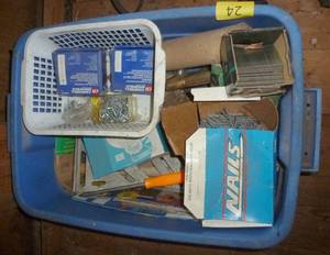 lot 24 image: tote of misc garage supplies, nails, squares