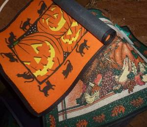 lot 35 image: 2 new fall rugs, halloween dcor, bar set, 3 night lights, decorative magnets