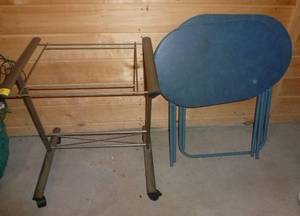 lot 42 image: tv stand and 2 tv tray type tables