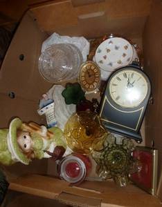 lot 44 image: Box full of vintage glassware and clocks