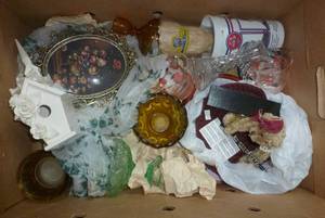 lot 95 image: Box full of home dcor, glassware, square cake pan, tin match holder