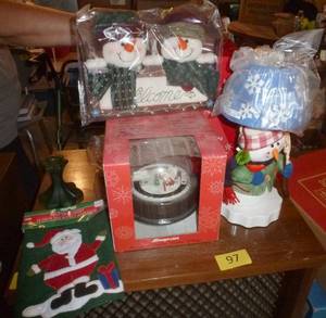 lot 97 image: Snap-on winter village, Welcome snowman sign, Snowman light, tree skirt