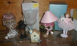 lot 111 image: home dcor items, lamp candle holders, clock, doll