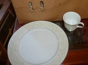 lot 114 image: Sango China set - white on white with silver trim Phoenicia pattern