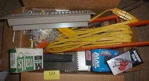 lot 129 image: Box of garage stuff, nails, electrical cord, vent, hammers, wheel lugs